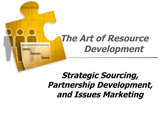 The Art of Resource
       Development

   Strategic Sourcing,
Partnership Development,
  and Issues Marketing
 