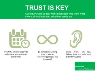 TRUST IS KEY
Customers want to deal with salespeople who know what
their business does and what their needs are
Invest the...