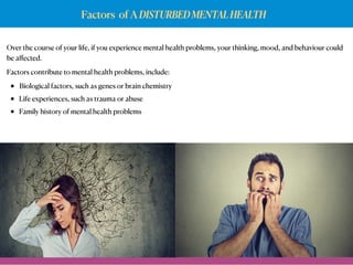 Factors of A DISTURBEDMENTALHEALTH
Over the course of your life, if you experience mental health problems, your thinking, mood, and behaviour could
be aﬀected.
Factors contribute to mental health problems, include:
• Biological factors, such as genes or brain chemistry
• Life experiences, such as trauma or abuse
• Family history of mental health problems
 