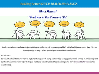 Building Better MENTALHEALTH&WELLNESS
Why It Matters?
Studies have discovered that people with higher psychological well-being are more likely to live healthier and longer lives. They are
also more likely to enjoy a better quality of life and fewer social problems.
For instance,
Research has found that people with high psychological well-being are less likely to engage in criminal activity or abuse drugs and
alcohol. In addition, positive psychological well-being tends to predict higher earnings and morepresocial behaviour, such as
volunteering.
“We all want to life a Contented Life”
 
