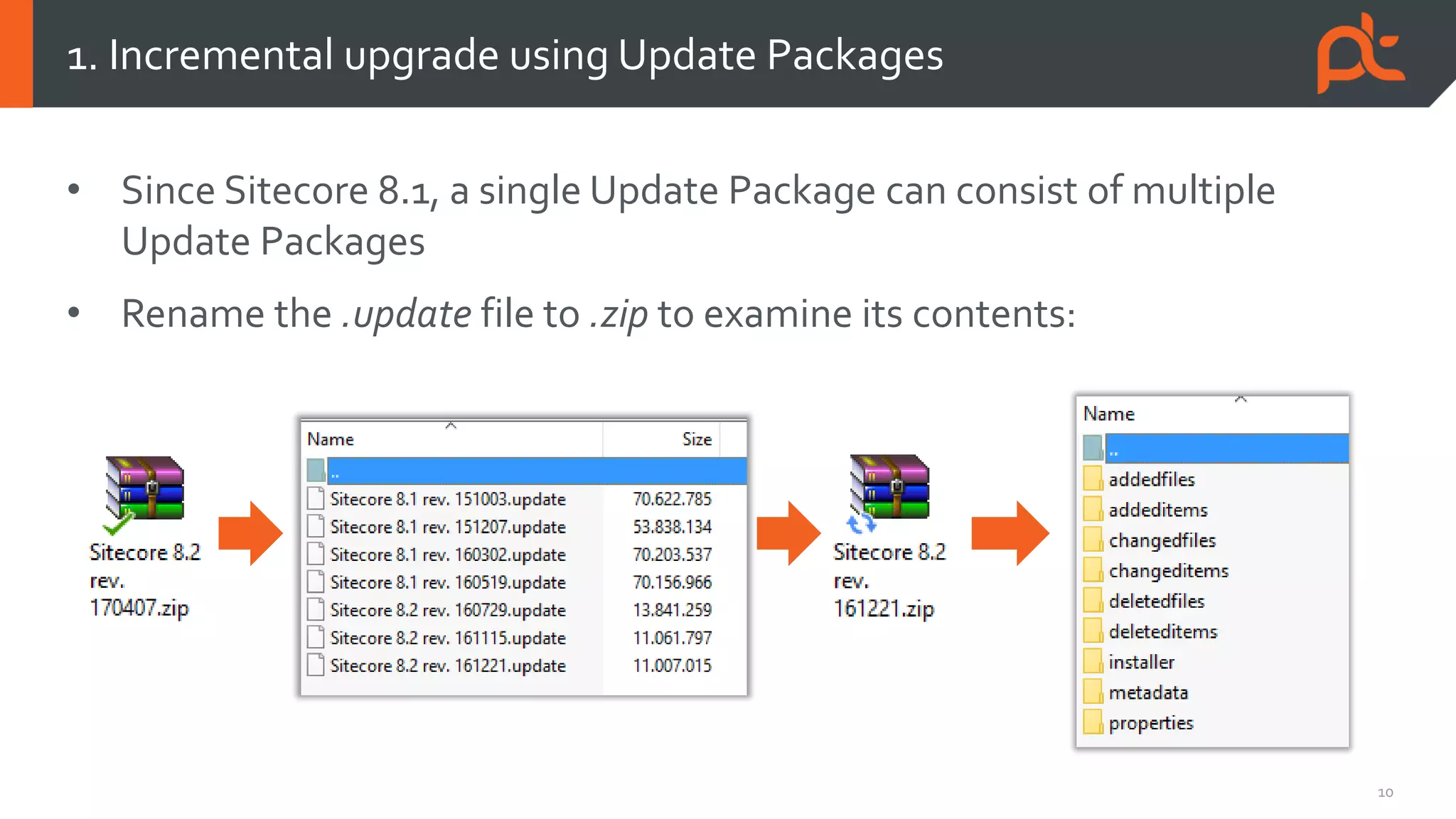 10
• Since Sitecore 8.1, a single Update Package can consist of multiple
Update Packages
• Rename the .update file to .zip to examine its contents:
1. Incremental upgrade using Update Packages
 