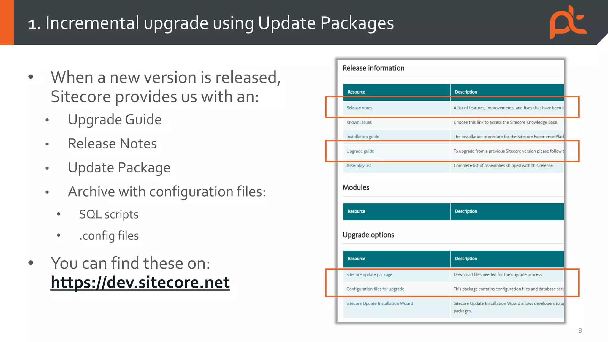 8
• When a new version is released,
Sitecore provides us with an:
• Upgrade Guide
• Release Notes
• Update Package
• Archive with configuration files:
• SQL scripts
• .config files
• You can find these on:
https://dev.sitecore.net
1. Incremental upgrade using Update Packages
 