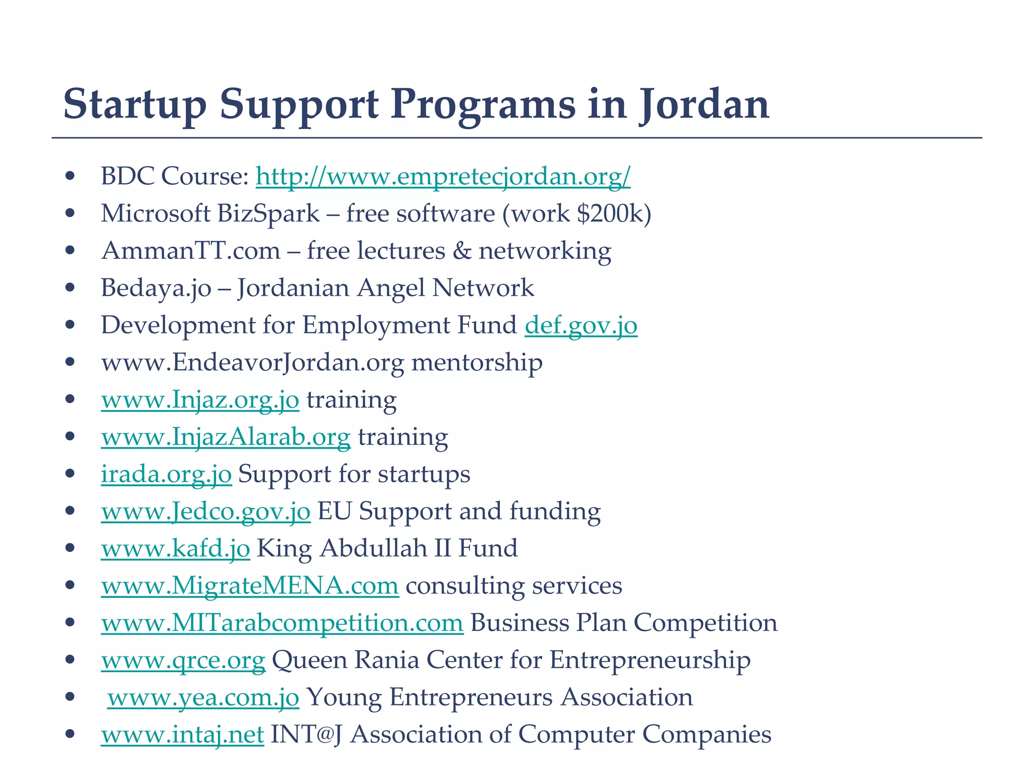 Startup Support Programs in Jordan
•   BDC Course: http://www.empretecjordan.org/
•   Microsoft BizSpark – free software (work $200k)
•   AmmanTT.com – free lectures & networking
•   Bedaya.jo – Jordanian Angel Network
•   Development for Employment Fund def.gov.jo
•   www.EndeavorJordan.org mentorship
•   www.Injaz.org.jo training
•   www.InjazAlarab.org training
•   irada.org.jo Support for startups
•   www.Jedco.gov.jo EU Support and funding
•   www.kafd.jo King Abdullah II Fund
•   www.MigrateMENA.com consulting services
•   www.MITarabcompetition.com Business Plan Competition
•   www.qrce.org Queen Rania Center for Entrepreneurship
•    www.yea.com.jo Young Entrepreneurs Association
•   www.intaj.net INT@J Association of Computer Companies
 