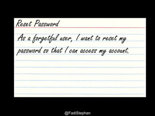 @fadistephan | @excellaco | excella.comUser Story – Smells and Anti-patterns
5. Not Having A Definition of
Done
All Code
Checked-in
Unit Tests
Passing
Help Text
Updated
Acceptance
Criteria
Passing
Integration
Test Passing
Performance
Test Passing
With a Sprint
With a Release
Security
Audit
Passing
Regression
Test Passing
ContinuousImprovement
With a PBI
 