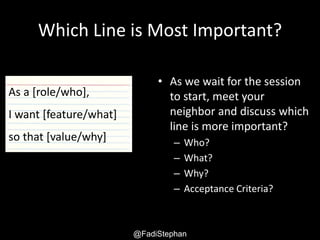 @fadistephan | @excellaco | excella.comUser Story – Smells and Anti-patterns
References
• Agile Estimating and Planning, Mike Cohn
• User Stories Applied, Mike Cohn
• Mountain Goat Software:
http://www.mountaingoatsoftware.com
• Agile Product Design:
http://www.agileproductdesign.com
• http://agileforall.com/resources/how-to-
split-a-user-story/
 