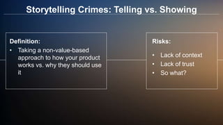 Storytelling Crimes: Telling vs. Showing
Risks:
• Lack of context
• Lack of trust
• So what?
Definition:
• Taking a non-va...