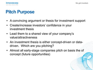 Pitch Purpose
 A convincing argument or thesis for investment support
 Create/increase investors’ confidence in your

in...