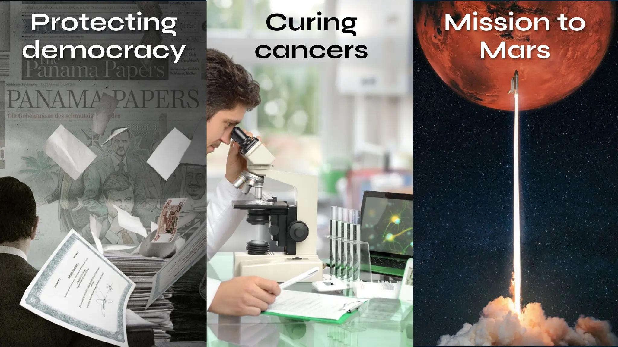 Mission to
Mars
Curing
cancers
Protecting
democracy
 
