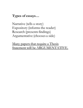 Types of essays…
Narrative (tells a story)
Expository (informs the reader)
Research (presents findings)
Argumentative (chooses a side)
Many papers that require a Thesis
Statement will be ARGUMENTATIVE.
 