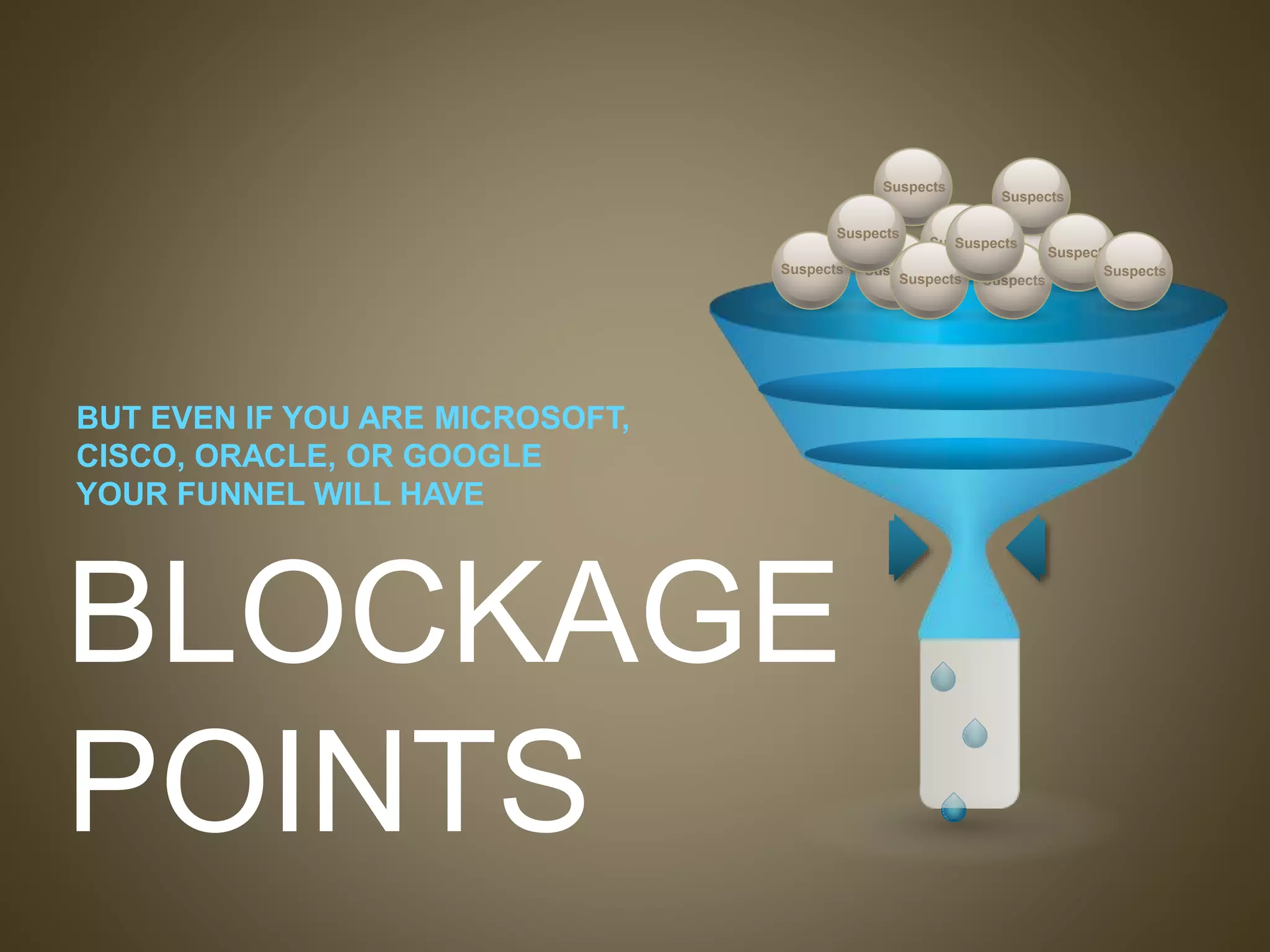 BUT EVEN IF YOU ARE MICROSOFT,
CISCO, ORACLE, OR GOOGLE
YOUR FUNNEL WILL HAVE
BLOCKAGE
POINTS
Suspects Suspects
Suspects
Suspects
Suspects
Suspects
Suspects Suspects
Suspects
Suspects
Suspects
Suspects
 