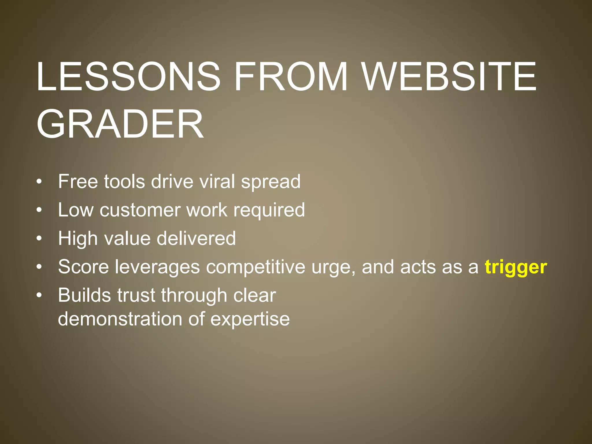 LESSONS FROM WEBSITE
GRADER
• Free tools drive viral spread
• Low customer work required
• High value delivered
• Score leverages competitive urge, and acts as a trigger
• Builds trust through clear
demonstration of expertise
 