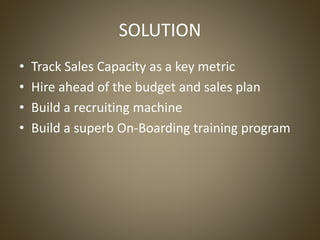 SOLUTION
• Track Sales Capacity as a key metric
• Hire ahead of the budget and sales plan
• Build a recruiting machine
• B...