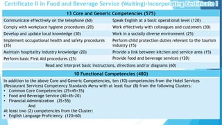 Certificate II in Food and Beverage Service (Waiting)-Incorporating Certificate I
13 Core and Generic Competencies (575)
Communicate effectively on the telephone (60) Speak English at a basic operational level (120)
Comply with workplace hygiene procedures (20) Work effectively with colleagues and customers (30)
Develop and update local knowledge (30) Work in a socially diverse environment (25)
Implement occupational health and safety procedures
(35)
Perform child protection duties relevant to the tourism
industry (15)
Maintain hospitality industry knowledge (20) Provide a link between kitchen and service area (15)
Perform basic First Aid procedures (25) Provide food and beverage services (120)
Read and interpret basic instructions, directions and/or diagrams (60)
10 Functional Competencies (480)
In addition to the above Core and Generic Competencies, ten (10) competencies from the Hotel Services
(Restaurant Services) Competency Standards Menu with at least four (8) from the following Clusters:
• Common Core Competencies (25+45+35)
• Food and Beverage Service (40+45+20)
• Financial Administration (35+55)
And
At least two (2) competencies from the Cluster:
• English Language Proficiency (120+60)
 