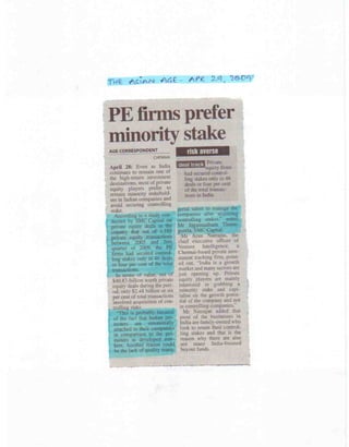 The Asian Age 29 April 2009_PE firms in India prefer to be minority stakeholders