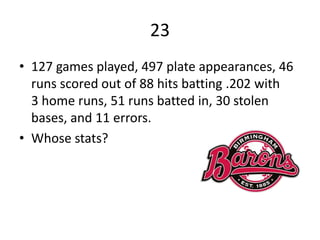 23127 games played, 497 plate appearances, 46 runs scored out of 88 hits batting .202 with 3 home runs, 51 runs batted in, 30 stolen bases, and 11 errors.Whose stats?