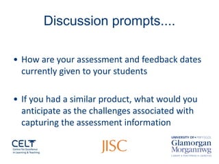 Discussion prompts.... 
•How are your assessment and feedback dates currently given to your students 
•If you had a similar product, what would you anticipate as the challenges associated with capturing the assessment information  