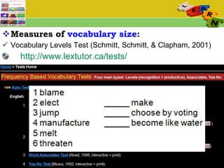 Measures of  vocabulary size : Vocabulary Levels Test (Schmitt, Schmitt, & Clapham, 2001) http://www.lextutor.ca/tests/   