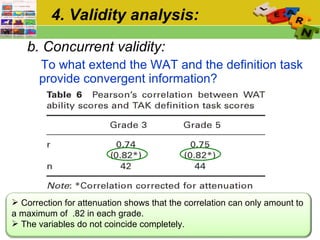 4. Validity analysis: b .  Concurrent validity:   To what extend the WAT and the definition task provide convergent information?  Correction for attenuation shows that the correlation can only amount to a maximum of  .82 in each grade.  The variables do not coincide completely. 