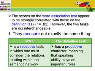The scores on the  word association test  appear to be strongly correlated with those on the  definition task  ( r  = .82). However, the two tasks are  not  interchangeable.  1. They  measure  not exactly the same thing: WAT The definition task (TAK) is a  receptive  task,  in which one must consider the relations existing within the semantic network. has a  productive  character, meaning  that speaking ability plays an important roles.  