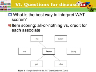 VI. Questions for discussion What is the best way to interpret WAT scores? Item scoring: all-or-nothing vs. credit for each associate 