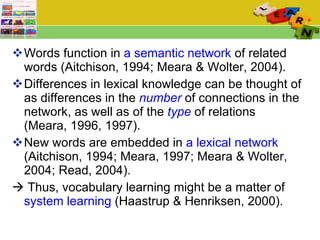 Words function in  a semantic network  of related words (Aitchison, 1994; Meara & Wolter, 2004).  Differences in lexical knowledge can be thought of as differences in the  number   of connections in the network, as well as of the  type   of   relations (Meara, 1996, 1997). New words are embedded in  a lexical network  (Aitchison, 1994; Meara, 1997; Meara & Wolter, 2004; Read, 2004).     Thus, vocabulary learning might be a matter of  system learning  (Haastrup & Henriksen, 2000).  