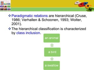 Paradigmatic relations  are hierarchical  (Cruse, 1986; Verhallen & Schoonen, 1993; Wolter, 2001). The hierarchical classification is characterized by  class inclusion .  