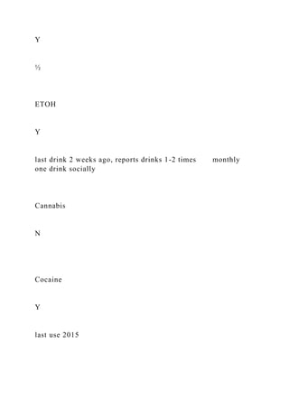 Y
½
ETOH
Y
last drink 2 weeks ago, reports drinks 1-2 times monthly
one drink socially
Cannabis
N
Cocaine
Y
last use 2015
 