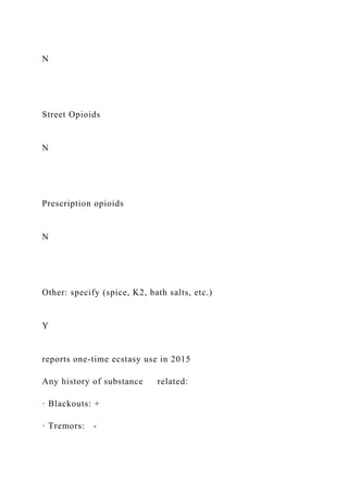 N
Street Opioids
N
Prescription opioids
N
Other: specify (spice, K2, bath salts, etc.)
Y
reports one-time ecstasy use in 2015
Any history of substance related:
· Blackouts: +
· Tremors: -
 