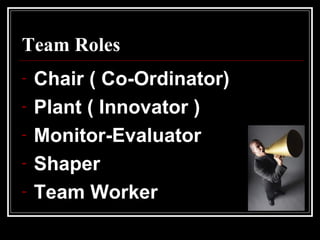 Team Roles Chair ( Co-Ordinator) Plant ( Innovator ) Monitor-Evaluator Shaper Team Worker 