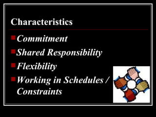 Characteristics Commitment Shared Responsibility Flexibility Working in Schedules / Constraints 