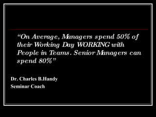 “ On Average, Managers spend 50% of their Working Day WORKING with People in Teams. Senior Managers can spend 80%” Dr. Charles B.Handy Seminar Coach 