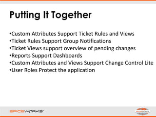 Putting It Together
•Custom Attributes Support Ticket Rules and Views
•Ticket Rules Support Group Notifications
•Ticket Views support overview of pending changes
•Reports Support Dashboards
•Custom Attributes and Views Support Change Control Lite
•User Roles Protect the application
 