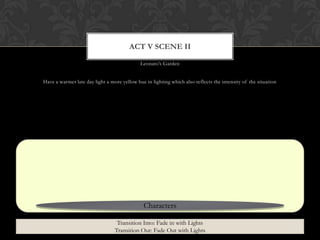 Leonato‟s Garden
Have a warmer late day light a more yellow hue in lighting which also reflects the intensity of the situation
ACT V SCENE II
Characters
Transition Into: Fade in with Lights
Transition Out: Fade Out with Lights
 