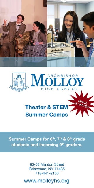 Theater & STEM
Summer Camps
www.molloyhs.org
83-53 Manton Street
Briarwood, NY 11435
718-441-2100
Summer Camps for 6th
, 7th
& 8th
grade
students and incoming 9th
graders.
SPACEIS LIMITED!
 
