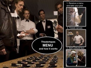 2. Tickets served. 3. Start cultural tour. 1. Receive a menu  and take your pick Theatertapas  MENU  and how it works 
