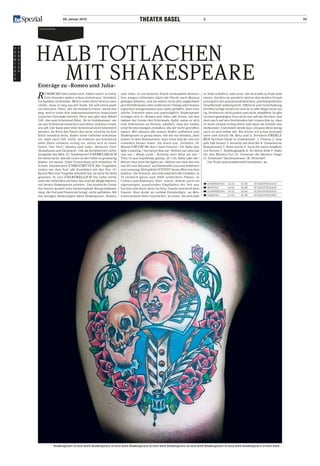 28. Januar 2015	 2 50
p
r
e
m
i
e
r
e
n
f
e
b
r
u
a
r
SChauspiel
HALB TOTLACHEN
MIT SHAKESPEAREEinträge zu «Romeo und Julia»
RUMSBUMS Zwei sehen sich. Fallen sofort in Liebe.
Drei Stunden später schon verheiratet. Heimlich.
Da Familien verfeindet. Weil er einen ihrer Vettern meu-
chelte, muss er weg aus der Stadt. Sie soll einen ande-
ren heiraten. Pater, der sie heimlich traute, weiss Aus-
weg, weil er einst den unkonzessionierten Ausschank
toxischer Getränke betrieb. Pater also gibt dem Mädel
Gift, das zum Scheintod führt. Ab in Grabkammer, wo
sie aus Scheintod erwachen und ihren Liebsten erwar-
ten soll. Der kann aber über Scheintod nicht informiert
werden, da Brief des Paters ihn nicht erreicht im Exil.
Kehrt heimlich heim, findet seine Geliebte scheinbar
tot, säuft auch Gift, stirbt, sie erwacht aus Scheintod,
sieht ihren Liebsten richtig tot, stürzt sich in einen
Dolch. Der Titel? «Romeo und Julia». Besserer Titel:
«Rumsbums und Zackzack». Gilt als berühmteste Liebe-
stragödie der Welt. (G. Stadelmeier) UNERKLÄRLICH
Ich weiss nicht, was die Leute an der Liebe so grossartig
finden, ich meine: Jeder Trottel kann sich verlieben. (H.
Scholz, Paarberater) UNBESTRITTEN Alle Tragödien
enden mit dem Tod, alle Komödien mit der Ehe. (G.
Byron) Wer eine Tragödie überlebt hat, ist nicht ihr Held
gewesen. (S. Lec) UNERTRÄGLICH Die Liebe stirbt,
oder die Liebenden sterben; das sind die Möglichkeiten,
mit denen Shakespeare arbeitet. Das komische Genie
des Autors konnte jene katastrophale Morgendämme-
rung, die Tod und Finsternis bringt, nicht aufhalten. Mit
nur wenigen Änderungen hätte Shakespeare «Romeo
und Julia» in ein heiteres Stück verwandeln können.
Den jungen Liebenden hätte die Flucht nach Mantua
gelingen können, und sie wären nicht den unglückseli-
gen Verhältnissen oder schlechtem Timing oder kosmo-
logischen Antagonismen zum Opfer gefallen. Aber eine
solche Travestie wäre uns unerträglich. Shakespeare
versagte sich in «Romeo und Julia» alle Ironie, mit Aus-
nahme der Ironie des Schicksals, dafür nahm er sich
eine Erkenntnis zu Herzen, nämlich, dass wir andau-
ernd Verabredungen einhalten, die wir nicht getroffen
haben. Wir müssen alle unsere Kräfte aufbieten und
Shakespeare so genau lesen, wie wir nur können, aber
immer in dem Bewusstsein, dass seine Stücke uns ent-
schieden besser lesen. Sie lesen uns. Definitiv. (H.
Bloom) UH!UH! We don’t have forever / Uh, Baby day-
light’s wasting / You better kiss me / Before our time has
run out / Mmm yeah / Nobody sees what we see /
They’re just hopelessly gazing, uh / Uh, Baby take me /
Before they turn the lights out / Before our time has run
out (XO von Beyoncé, auf kidzworld.com zum beliebtes-
ten Lovesong 2014 gekürt) UNTOT Dieses Wort hat Kon-
junktur. Die Untoten, das sind natürlich die Zombies, in
35 ziemlich guten und 2000 schlechten Filmen, in
Comics und Romanen. Aber «untot» drückt auch ein
eigenartiges, ausuferndes Empfinden der Zeit aus.
Da-Sein und doch nicht Da-Sein; Dasein und doch kein
Dasein. Man denkt an radikal Entwürdigte, an Men-
schen jenseits ihrer Geschichte, an Leute, die sich halb
zu Tode schuften, und Leute, die sich halb zu Tode amü-
sieren. Sterben ist peinlich, weil es den beiden Grund-
prinzipien der postdemokratischen, postbürgerlichen
Gesellschaft widerspricht: Effizienz und Unterhaltung.
Sterben bringt nichts ein und ist in aller Regel nicht lus-
tig. Sterben ist nicht positiv und nicht simplified. So gibt
es einen gewaltigen Zorn nicht nur auf das Sterben, son-
dern auch auf den Sterbenden (wir trauen ihm zu, dass
er nicht einmal richtig stirbt und dann als Zombie wie-
derkommt). Und immer denkt man, ein ganz klein wenig,
auch an sich selbst mit. Bin ich/ist Ich schon kontami-
niert vom Untod? (M. Metz und G. Seesslen) ÜBERLE-
BEN Survival Guide in Zombieland : 1. Fitness 2. Dop-
pelt hält besser 3. Vorsicht auf dem Klo 4. Gusseiserne
Bratpfannen 5. Reise leicht 6. Such dir einen knallhar-
ten Partner 7. Bowlingkugeln 8. Sei (k)ein Held 9. Halte
dir den Rücken frei 10. Geniesse die kleinen Dinge
11. Schweizer Taschenmesser. (R. Fleischer)
Die Texte sind redaktionell bearbeitet. aa
 donnerstag	 12.02.	 20.00	 Schauspielhaus
 Montag	 16.02.	 20.00	 Schauspielhaus
 Donnerstag	 19.02.	 20.00	 Schauspielhaus
 Samstag	 21.02.	 20.00	 Schauspielhaus
Shakespeare in love with Shakespeare in love with Shakespeare in love with Shakespeare in love with Shakespeare in love with Shakespeare in love with…
 