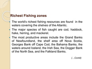  The world's richest fishing resources are found in the
waters covering the shelves of the Atlantic.
 The major species of fish caught are cod, haddock,
hake, herring, and mackerel.
 The most productive areas include the Grand Banks
of Newfoundland, the shelf area off Nova Scotia,
Georges Bank off Cape Cod, the Bahama Banks, the
waters around Iceland, the Irish Sea, the Dogger Bank
of the North Sea, and the Falkland Banks.
Richest Fishing zones
(…Contd)
 