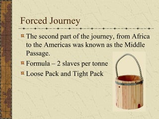 Forced Journey
The second part of the journey, from Africa
to the Americas was known as the Middle
Passage.
Formula – 2 slaves per tonne
Loose Pack and Tight Pack
 
