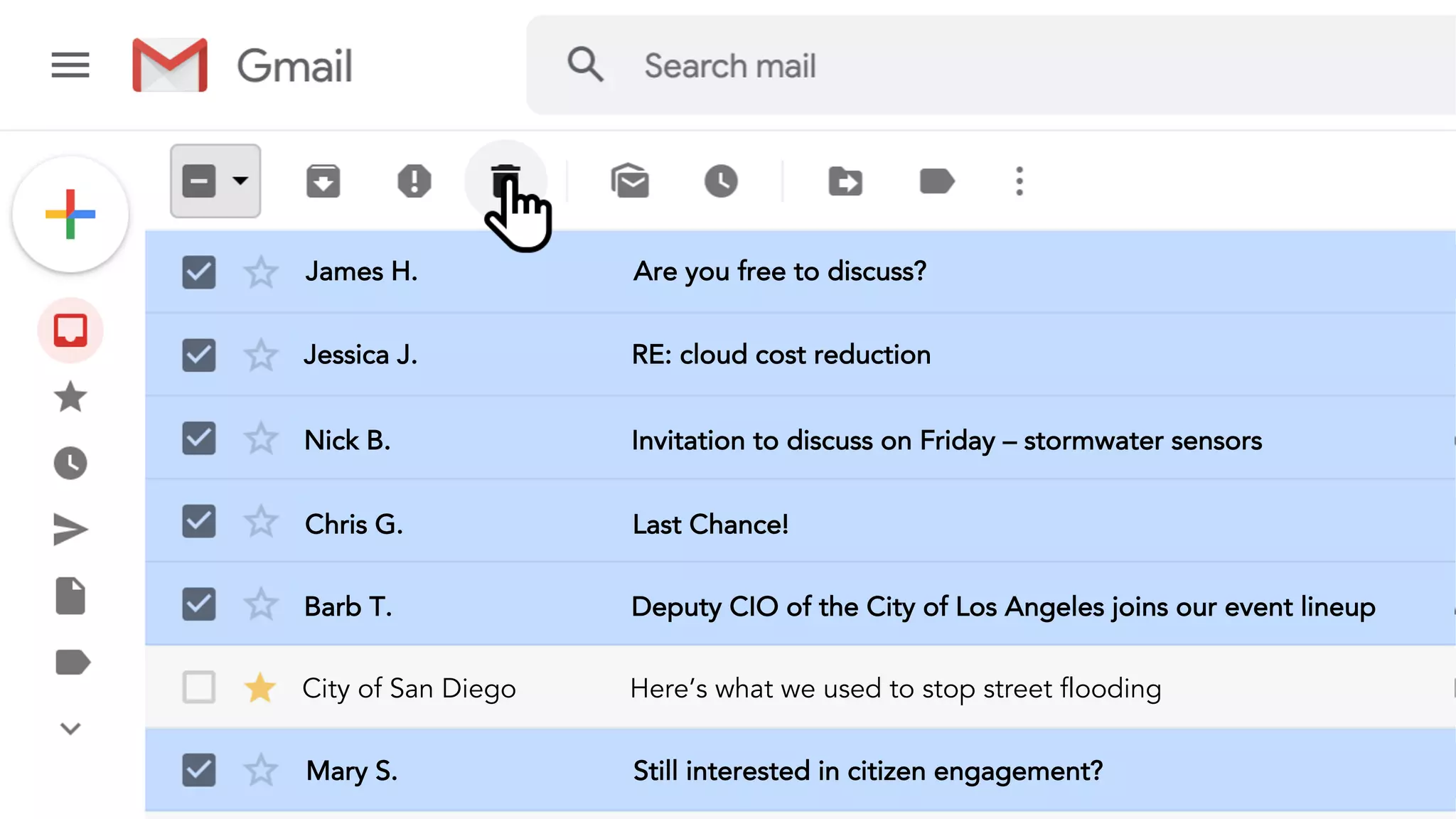 James H. Are you free to discuss?
Jessica J. RE: cloud cost reduction
Nick B. Invitation to discuss on Friday – stormwater sensors
Chris G. Last Chance!
Barb T. Deputy CIO of the City of Los Angeles joins our event lineup
Mary S. Still interested in citizen engagement?
City of San Diego Here’s what we used to stop street flooding
