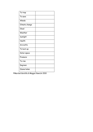 To trap

       To save

       Albedo

       Climate change

       Cloud

       Weather

       Sunlight

       Health

       Aircrafts

       To burn up

       Outer space

       Pressure

       To rise

       Degrees

       Ozone holes

©Maribel Gordillo & Maggie Nowicki 2010
 
