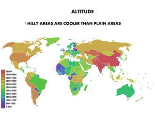 ALTITUDE
* HILLY AREAS ARE COOLER THAN PLAIN AREAS
 