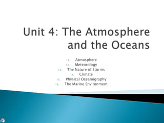 11.      Atmosphere
         12.     Meteorology
  13.     The Nature of Storms
             14.   Climate
15.      Physical Oceanography
16.     The Marine Environment
 