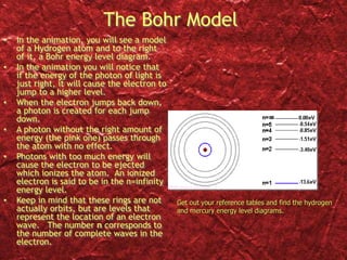 The Bohr Model
• In the animation, you will see a model
of a Hydrogen atom and to the right
of it, a Bohr energy level diagram.
• In the animation you will notice that
if the energy of the photon of light is
just right, it will cause the electron to
jump to a higher level.
• When the electron jumps back down,
a photon is created for each jump
down.
• A photon without the right amount of
energy (the pink one) passes through
the atom with no effect.
• Photons with too much energy will
cause the electron to be ejected
which ionizes the atom. An ionized
electron is said to be in the n=infinity
energy level.
• Keep in mind that these rings are not
actually orbits, but are levels that
represent the location of an electron
wave. The number n corresponds to
the number of complete waves in the
electron.
Get out your reference tables and find the hydrogen
and mercury energy level diagrams.
 