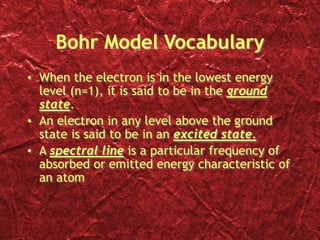 Bohr Model Vocabulary
• When the electron is in the lowest energy
level (n=1), it is said to be in the ground
state.
• An electron in any level above the ground
state is said to be in an excited state.
• A spectral line is a particular frequency of
absorbed or emitted energy characteristic of
an atom
 