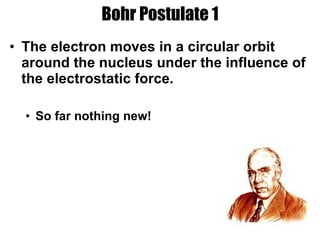Bohr Postulate 1 <ul><li>The electron moves in a circular orbit around the nucleus under the influence of the electrostati...