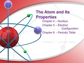 The Atom and Its
Properties
Chapter 4 – Nucleus
Chapter 5 – Electron
Configuration
Chapter 6 - Periodic Table
 