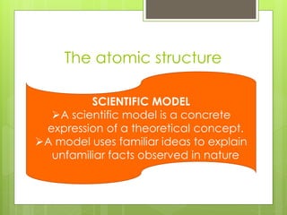 The atomic structure
SCIENTIFIC MODEL
A scientific model is a concrete
expression of a theoretical concept.
A model uses familiar ideas to explain
unfamiliar facts observed in nature
 