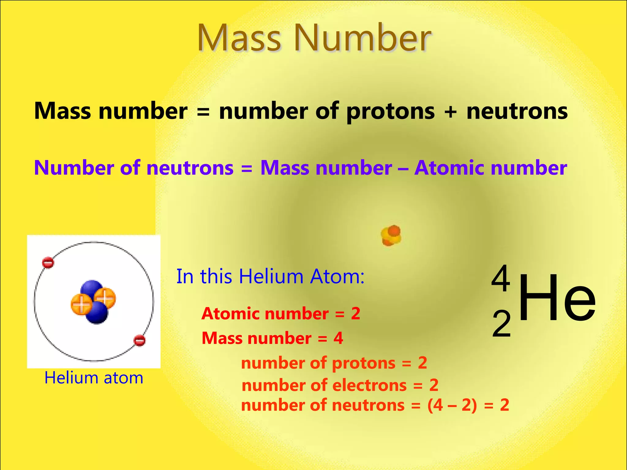 Mass Number
Mass number = number of protons + neutrons

Number of neutrons = Mass number – Atomic number




              In this Helium Atom:               4
                Atomic number = 2
                Mass number = 4                  2     He
                    number of protons = 2
Helium atom         number of electrons = 2
                    number of neutrons = (4 – 2) = 2
 