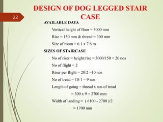 DESIGN OF DOG LEGGED STAIR
CASE
AVAILABLE DATA
Vertical height of floor = 3000 mm
Rise = 150 mm & thread = 300 mm
Size of room = 6.1 x 7.6 m
SIZES OF STAIRCASE
No of riser = height/rise = 3000/150 = 20 nos
No of flight = 2
Riser per flight = 20/2 =10 nos
No of tread = 10-1 = 9 nos
Length of going = thread x nos of tread
= 300 x 9 = 2700 mm
Width of landing = ( 6100 - 2700 )/2
= 1700 mm
22
 