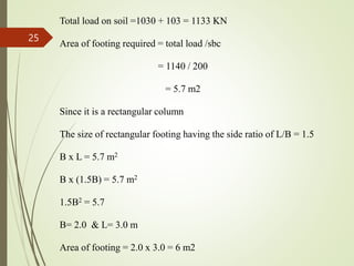Total load on soil =1030 + 103 = 1133 KN
Area of footing required = total load /sbc
= 1140 / 200
= 5.7 m2
Since it is a rectangular column
The size of rectangular footing having the side ratio of L/B = 1.5
B x L = 5.7 m2
B x (1.5B) = 5.7 m2
1.5B2 = 5.7
B= 2.0 & L= 3.0 m
Area of footing = 2.0 x 3.0 = 6 m2
25
 